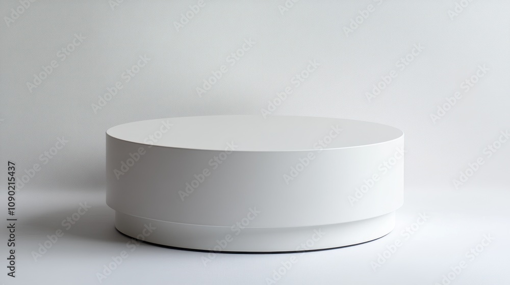 Poster a minimalist white circular display table against a plain background.