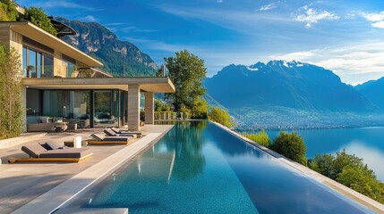 Fototapeta premium Luxurious Modern Villa with Infinity Pool Overlooking Stunning Mountain and Lake Views in a Serene Natural Environment