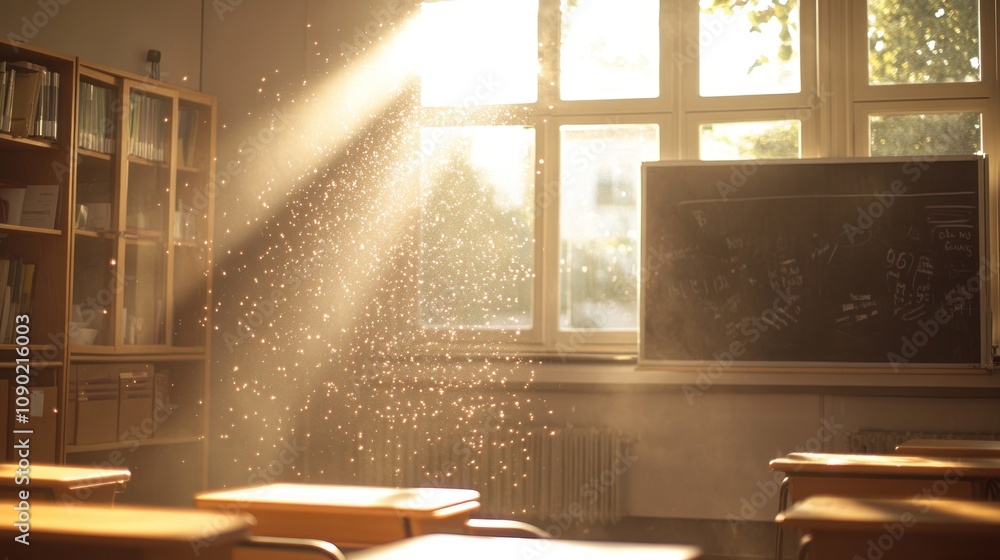 Aufkleber Sunlight streaming into an empty classroom, highlighting dust particles in the air.