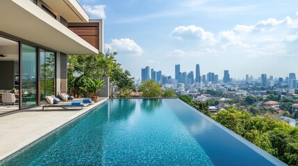 Fototapeta premium Modern luxury residence with infinity pool overlooking a vibrant city skyline and blue sky, featuring contemporary architecture and lush greenery in the foreground