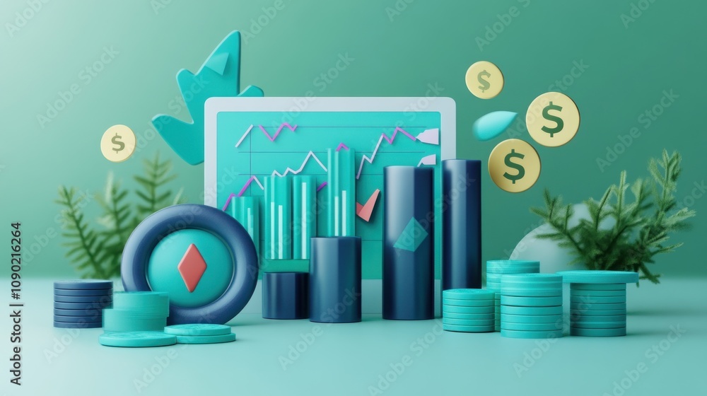Poster a digital display showcasing financial data and currency symbols, representing investment trends.