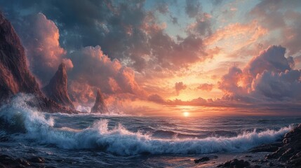 Serene Ocean Sunset with Dramatic Clouds and Rugged Coastal Landscape, Capturing the Beauty of Nature&rsquo;s Palette in Stunning Detail