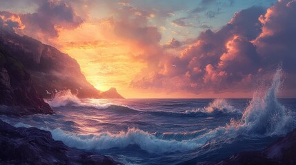 Fototapeta premium Breathtaking Sunset Over Ocean Waves with Dramatic Clouds and Rocky Coastline Capturing the Beauty of Nature in a Colorful Seascape Landscape