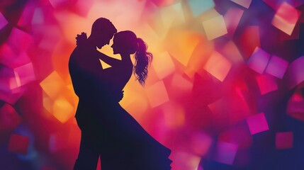 A couple embracing, silhouetted against a background of colorful bokeh lights.