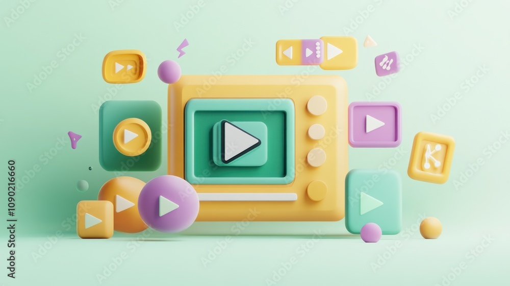 Aufkleber A colorful 3D illustration of a media player with interactive buttons and playful elements.