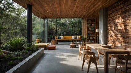 Fototapeta premium AI-generated Modern House and Luxury hotel-style interior for two, featuring a compact, functional design with vibrant colors and minimalist details, blending country-inspired charm with sleek, contem