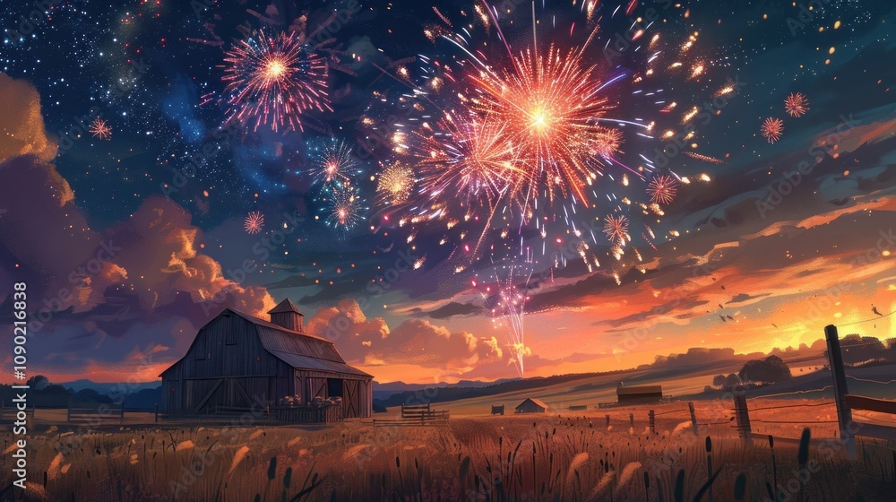 Poster a rustic barn sits in a field as a colorful firework display explodes in the night sky.