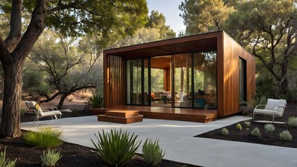 Fototapeta premium AI-generated Modern House and Luxury hotel-style interior for two, featuring a compact, functional design with vibrant colors and minimalist details, blending country-inspired charm with sleek, contem