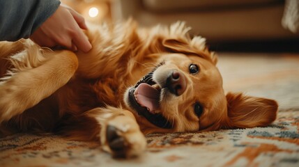 Obraz premium Happy Golden Retriever Enjoying Playful Affection Indoor with Warm Lighting and Cozy Atmosphere on a Beautifully Decorated Rug