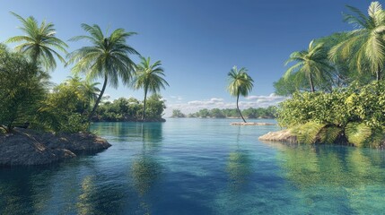 Fototapeta na wymiar Serene Tropical Landscape with Lush Palm Trees, Clear Blue Waters and Tranquil Island View under a Bright Blue Sky