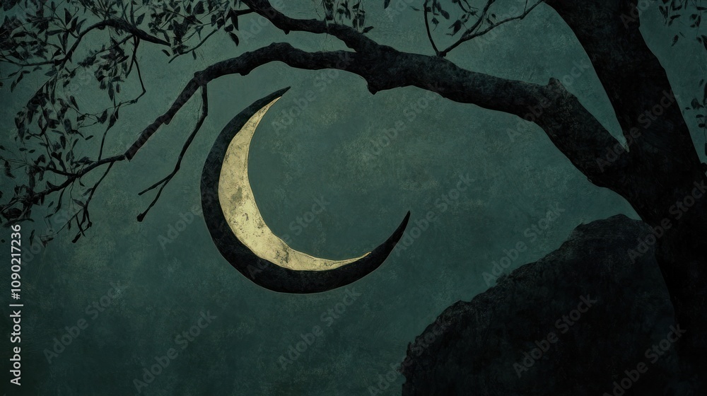 Poster a crescent moon hangs against a dark, textured background with a tree branch silhouette.