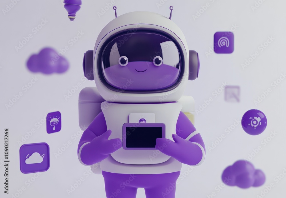 Poster a cute purple astronaut character surrounded by icons and clouds, representing technology and creati
