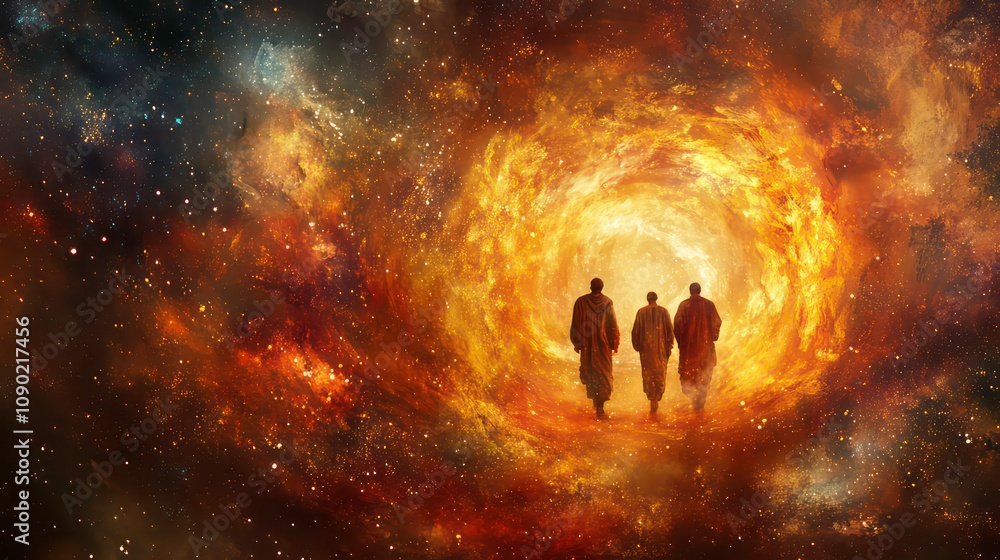 Wall mural three figures stand before a glowing portal in the center of a swirling nebula.