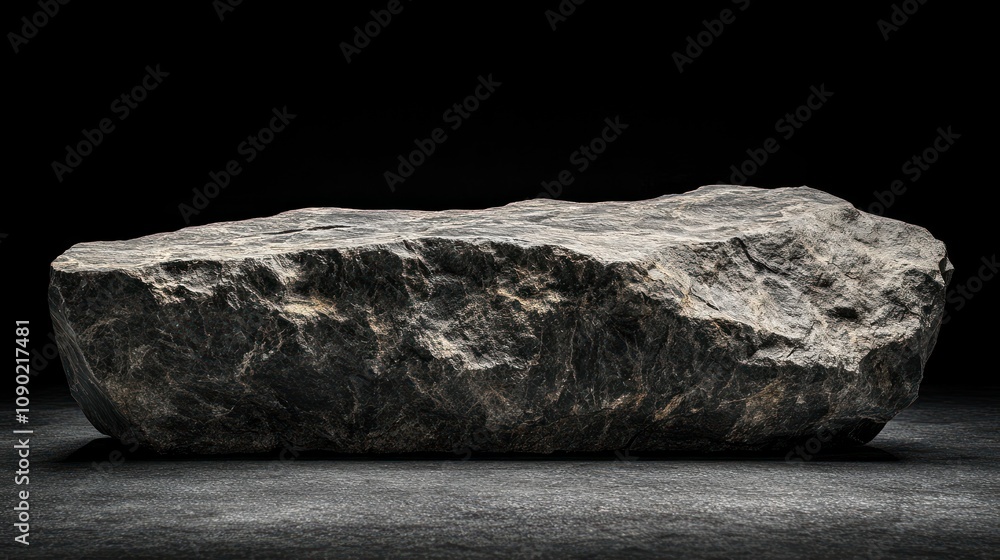 Poster a large, textured rock displayed against a dark background, emphasizing its natural form.