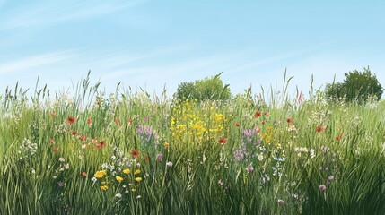 Obraz premium Lush Wildflower Meadow Under Clear Blue Sky with Gentle Greenery and Colorful Blooms, Perfect for Nature Lovers and Outdoor Enthusiasts Capturing the Beauty of Spring