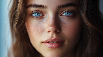 Obraz premium Portrait of a Beautiful Young Woman with Fresh, Radiant Skin and Striking Blue Eyes, Captured in Natural Light for a Stunning Aesthetic Appeal