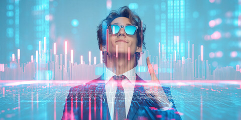 Businessman Front view, touch screen through glass touch screen growth graph stock on the Intraface screen