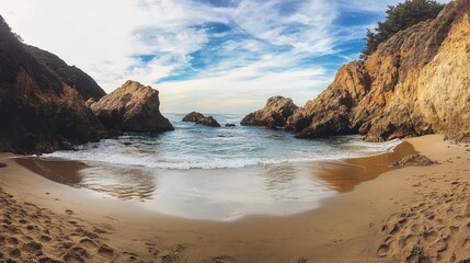 Serene Coastal Landscape at Dusk with Gentle Waves Lapping Against Golden Sandy Shores Surrounded by Majestic Rocky Cliffs Under a Cloudy Sky