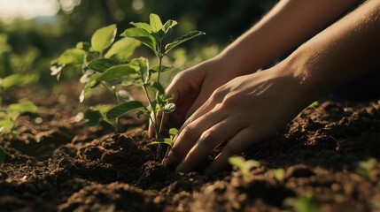 Fototapeta premium Environmental activism illustrated through close-up shots of hands planting native trees in a reforestation project, photography style, photo of