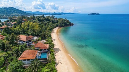 Obraz premium Breathtaking Aerial View of Tropical Beach with Clear Blue Water and Lush Greenery Surrounding Luxurious Villas and Resort in a Tropical Paradise Setting