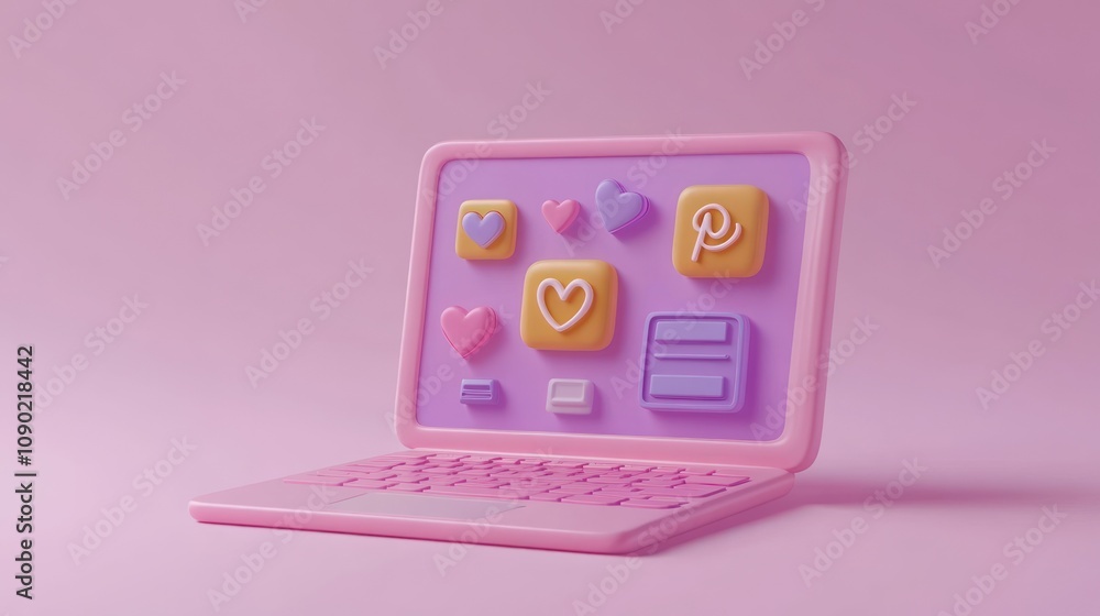 Aufkleber a stylized laptop with colorful app icons on a pink background, emphasizing digital interaction.