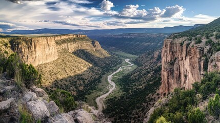 Fototapeta premium Majestic Canyon Landscape Under Dramatic Clouds with Calm River Winding Through Lush Green Valley and Towering Rocky Cliffs in a Beautiful Nature Scene