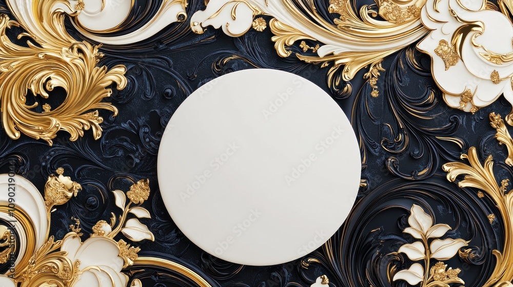 Poster Elegant wall design featuring ornate gold patterns with a blank circular space for customization.