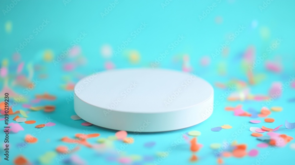 Poster a minimalist white circular platform surrounded by colorful confetti on a bright background.