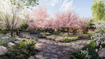 Fototapeta premium Serene Spring Garden with Blooming Cherry Trees, Colorful Flower Beds, and Lush Greenery Under Soft Blue Sky in a Tranquil Natural Setting