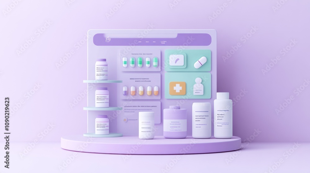 Poster A pastel-colored display of various medication bottles and a digital interface for healthcare.