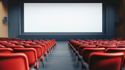 Fototapeta premium Empty movie theater with blank screen and red seats.