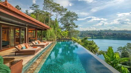 Obraz premium Luxurious villa with infinity pool overlooking serene lake, lush greenery, and vibrant sky in tranquil tropical setting inviting relaxation and escape
