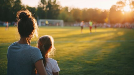 A Proud Mom Cheering on Her Daughter during a Soccer Game in the Golden Glow of Sunset, Celebrating Sportsmanship and Family Bonding