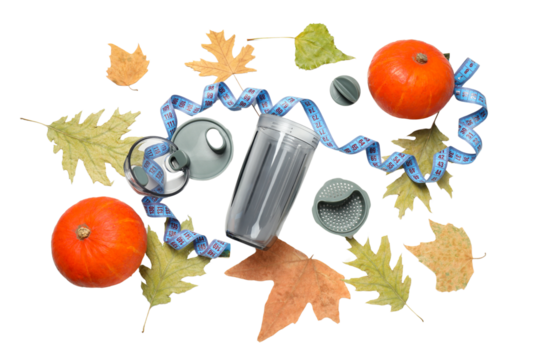 PNG, Autumn smart, sport bottle with leaves isolated on white background.