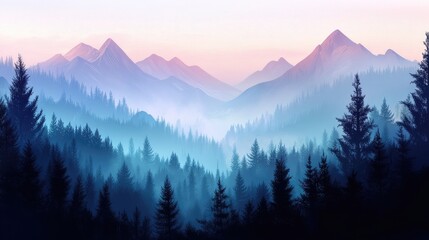 Fototapeta premium Serene Mountain Landscape with Soft Fog and Vibrant Sunrise Colors over Pine Trees in a Peaceful Wilderness Setting