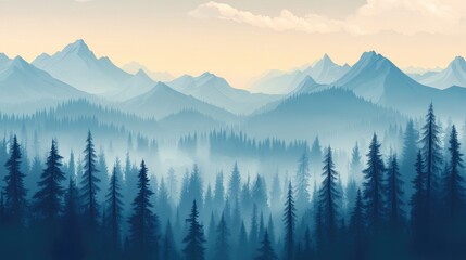 Fototapeta premium Serene Mountain Landscape at Dawn with Misty Forest and Soft Pastel Sky Hues, Perfect for Nature and Adventure Themes