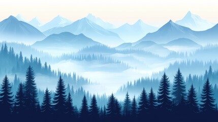 Fototapeta premium Serene Mountain Landscape at Dawn with Misty Forest and Soft Blue Tones for Tranquil Backgrounds and Nature Inspired Designs