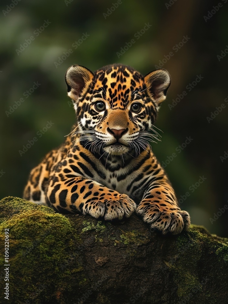 Poster a close-up of a playful jaguar cub resting on a mossy rock in a lush environment.