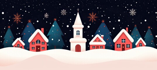 Fototapeta premium A cozy winter village scene with snow-covered houses, a tall church steeple, pine trees, and falling snowflakes against a dark starry sky.