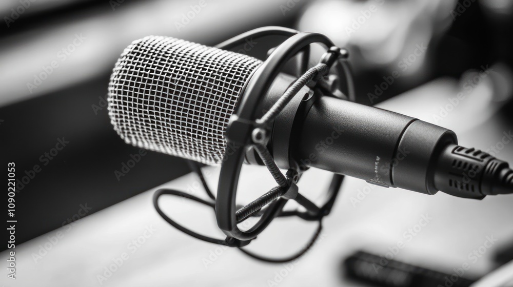 Poster a close-up of a microphone in a studio setting, designed for recording audio.