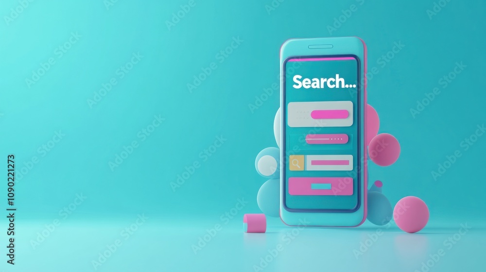 Poster A smartphone displaying a search interface with colorful geometric shapes in the background.