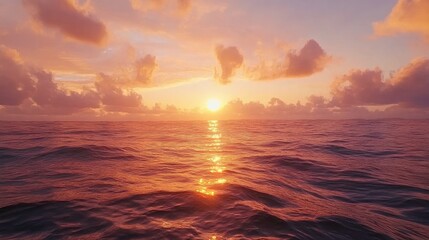 Obraz premium Serene Sunset Over Calm Ocean Waters with Gentle Waves and Colorful Sky Reflections, Creating a Tranquil Seascape Scene for Relaxation and Inspiration