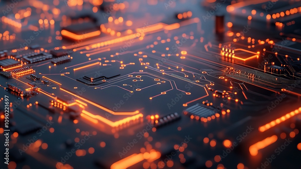 Poster vibrant orange circuit board abstract with intricate lines and patterns showcasing electronic techno