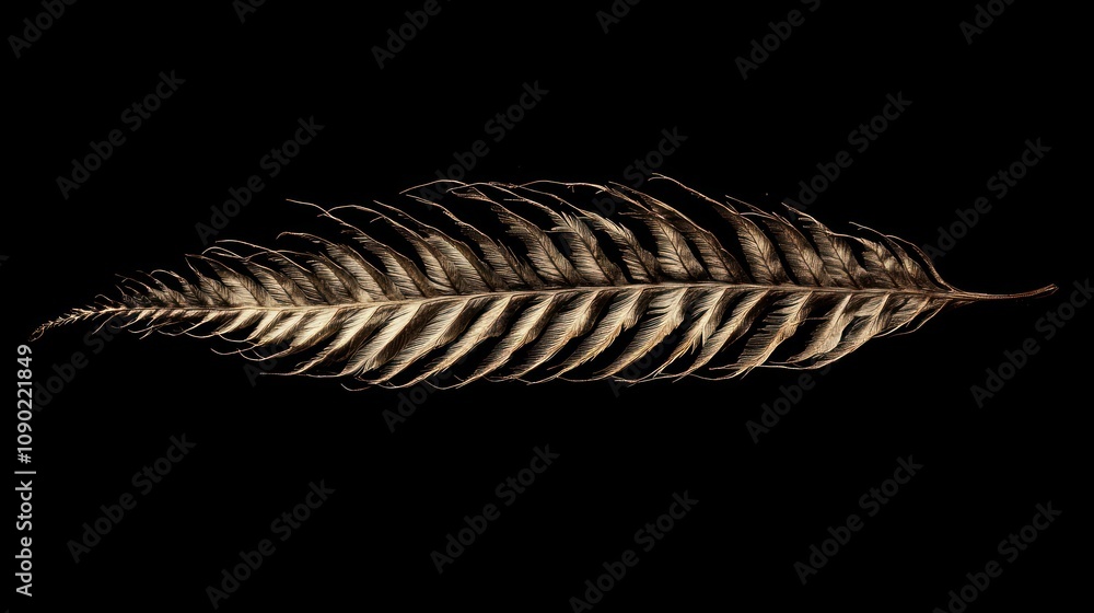 Fototapete a detailed image of a feather with intricate patterns against a black background.