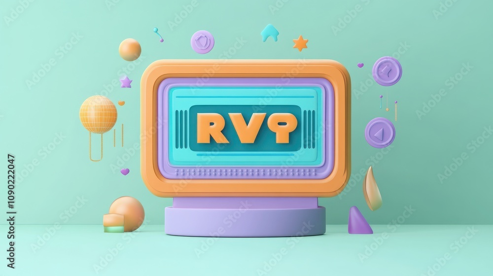 Poster a colorful 3d graphic featuring a retro-style television with playful shapes surrounding it.