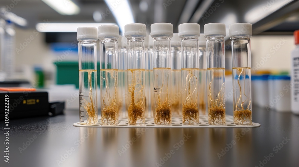 Poster test tubes containing root samples in a laboratory setting for scientific analysis.