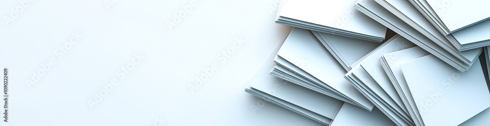 Poster stack of white paper sheets arranged in scattered manner on white background, creating minimalist an