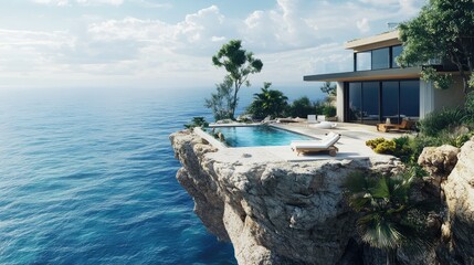 Fototapeta premium Modern oceanfront villa with infinity pool overlooking calm blue sea surrounded by lush greenery and vibrant plants, perfect for a luxury getaway or vacation retreat