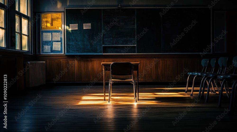 Poster a dimly lit classroom with a single desk and empty chairs, evoking a sense of solitude.