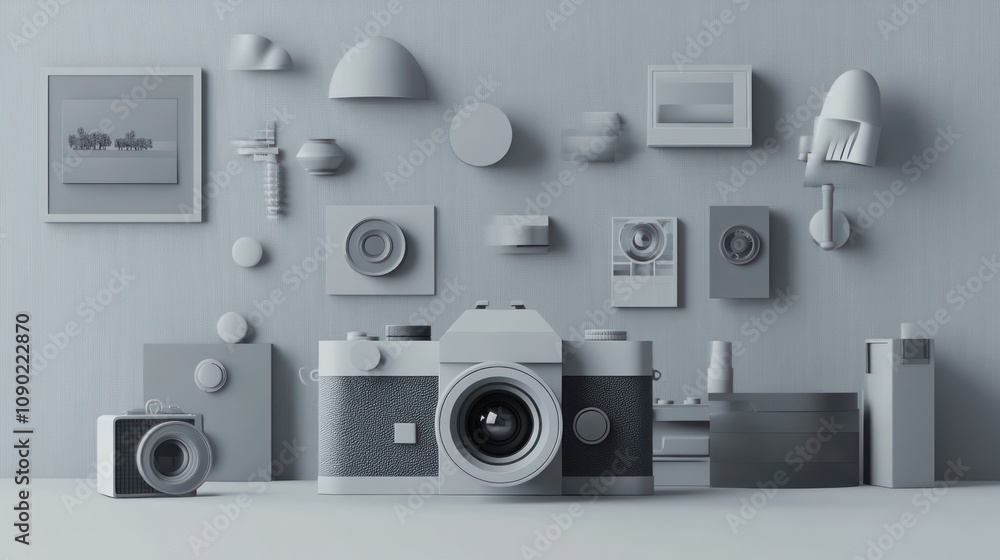Poster a monochromatic display of camera equipment and photography-related objects.